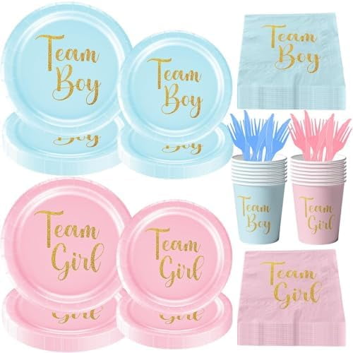 120Pcs Baby Gender Reveal Party Supplies Team Boy or Girl Paper Plates Napkins Pink Blue Disposable Baby Shower Tableware Decorations$$Home Decor, Kitchen, & Other
