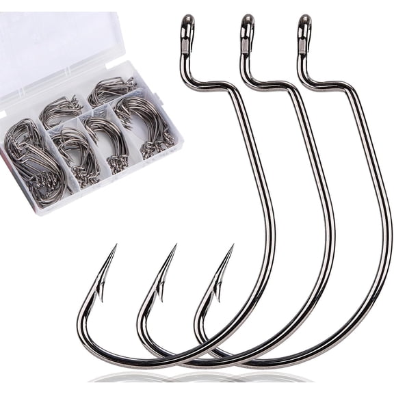 120Pcs Bass Hooks Set, Strong Offset Bass Fishing Hooks Freshwater Barbed Sharp Worm Hooks for Texas Rigging Fishing Extra Wide Gap 6 Sizes Assorted #1 1/0 2/0 3/0 4/0 5/0$$Sport & Recreation Other
