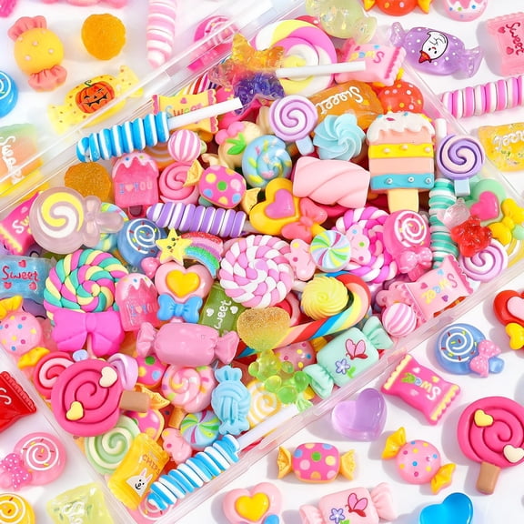 MEC 120Pcs Candy Slime Charms Assorted Cute Decoden Embellishments, Kawaii Slime Accessories,Bulk Lollipop Bow Rainbow Flatback Resin Charm for Phone Junk Cases,Scrapbooking Crafting & DIY Decoration