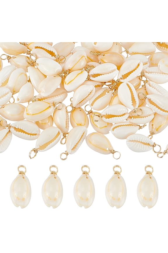 120Pcs Cowrie Shell Pendants with Copper Wire Golden 19.6mm Hole: 3mm