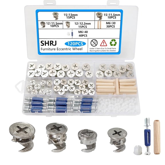 120Pcs Eccentric Wheel Nuts Cam Lock Nuts and Cam Screws 3 in 1 Connector Wood Dowel Pins Furniture Screws Fixed Fasteners Hardware Accessories for Wardrobe Drawer Dresser Cabinet