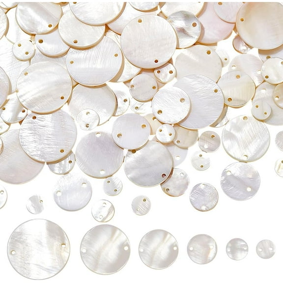 120Pcs Flat Round Shell Beads 6 Sizes Shells Pieces with 2 Hole Natural Capiz Shell Charms Ocean Cabochons Beads for Wind Chimes Jewelry Making Wedding Home Decor Hanging Colorful