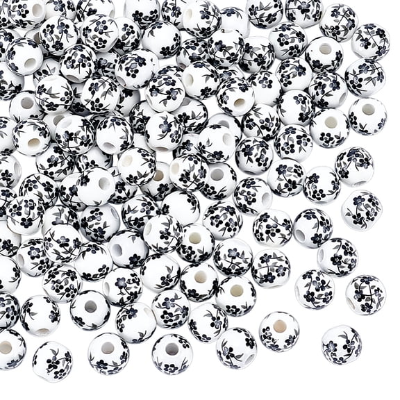 120Pcs Floral Printed Porcelain Beads Flower Patterned Ceramic Beads Round with Flower Pattern Black 8mm Hole: 2mm