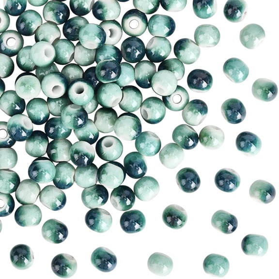 120Pcs Handmade Porcelain Beads Round Bright Glazed Porcelain Teal 6~7x5~6mm Hole: 2mm Craft Supplies