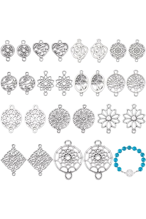 120Pcs Jewelry Connectors Charm Links 13 Styles Tibetan Flower Charms Connector Silver Metal Filigree Pendants Jewelry Finding