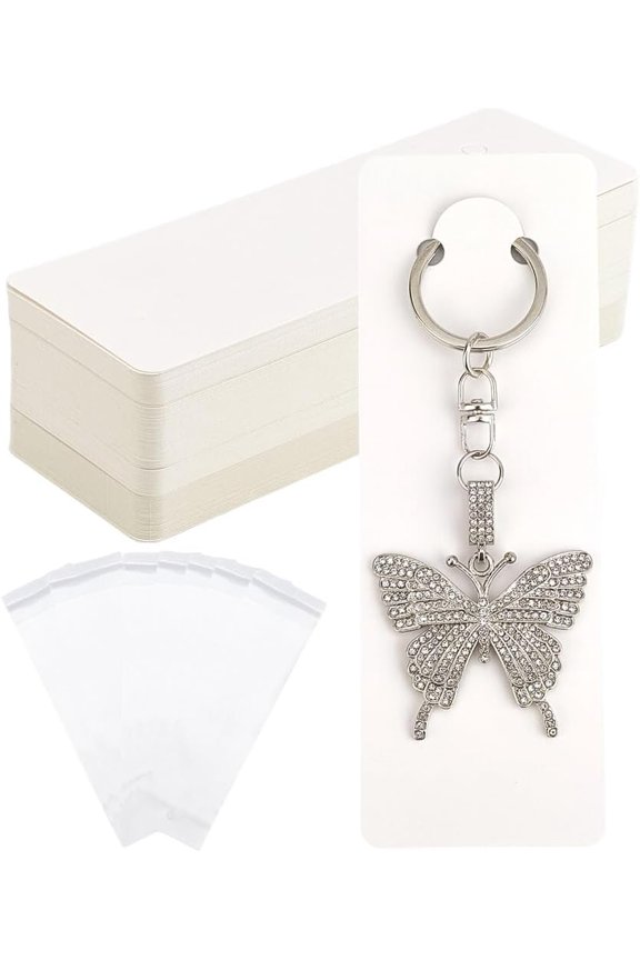 120Pcs Keychain Holder Display Cards White Jewelry Cards with 120Pcs OPP Bags 5.91 x 2in Rectangle Blank Paper Keyring Cardboard for Display Selling Keychain Card Jewelry Packaging Supplies