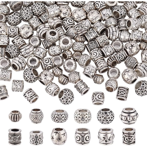 120Pcs Large Hole Spacer Beads 12 Style Alloy Tibetan Spacer Charm Barrel Lantern Rondelle Beads Silver for Jewelry Making Accessory Supplies Bracelets Necklace Earring DIY Craft