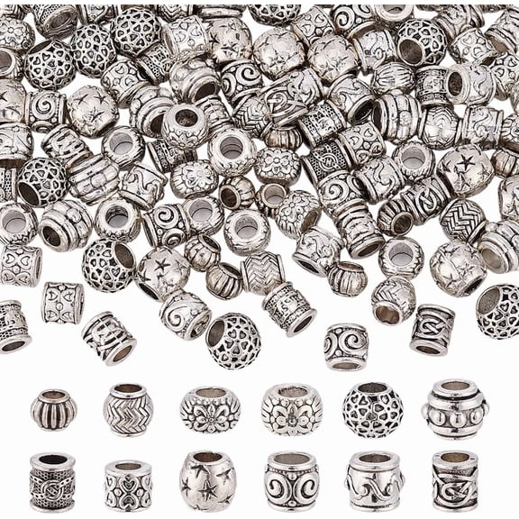 120Pcs Large Hole Spacer Beads 12 Style Alloy Tibetan Spacer Charm Barrel Lantern Rondelle Beads Silver for Jewelry Making Accessory Supplies Bracelets Necklace Earring DIY Craft diy