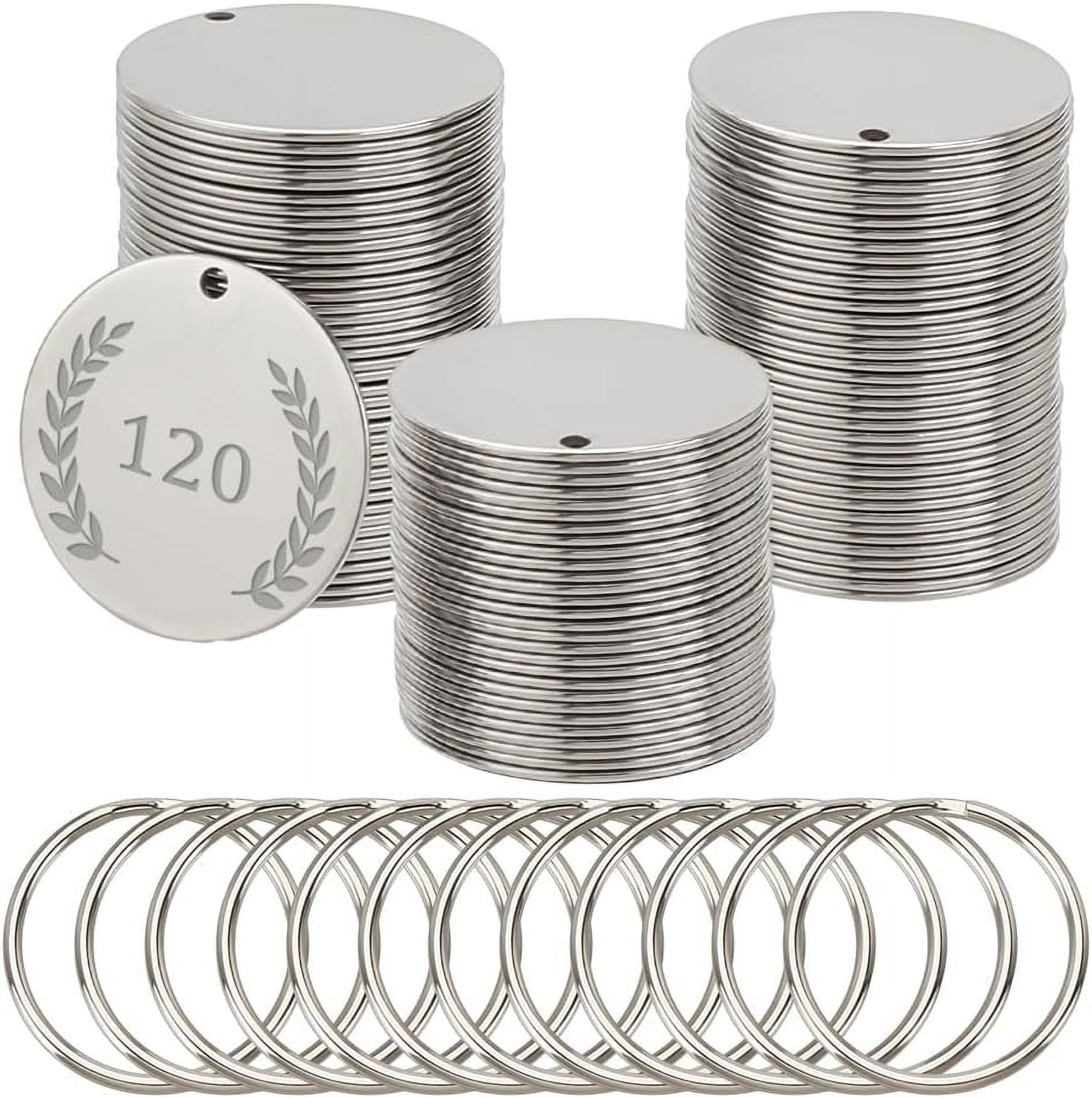 120Pcs Metal Engraving Blanks 1.2 Inch Stainless Steel Stamping Blanks with Key Rings Round Blank Tags Metal Tags with Holes Stamping Tag Pendants for DIY Crafts Necklace 1box