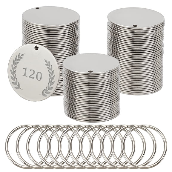 120Pcs Metal Engraving Blanks 1.2 Inch Stainless Steel Stamping Blanks with Key Rings Round Blank Tags Metal Tags with Holes