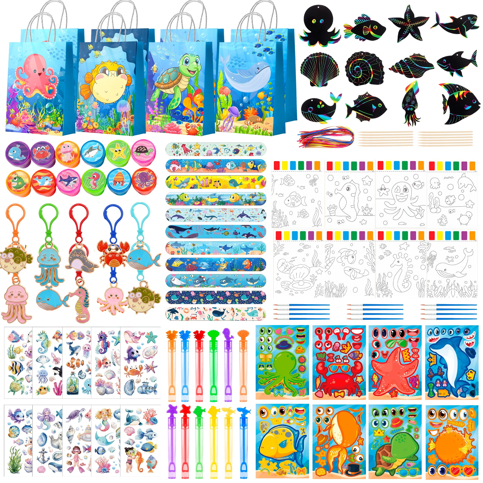 120Pcs Ocean Party Favors Set, Under The Sea Birthday Party Kit with Slap Bracelets, Gift Bags and Scratch Paper Art Crafts, Ideal for Under Sea Birthday Party Decor and Supplies