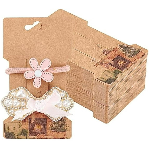 120Pcs Paper Hair Clip Display Cards 2.6x4.5inch Burlywood Hair Bow Display Holder Cards Fireplace Christmas Tree Pattern Rectangle Brooches Hair Accessories Display and Organize
