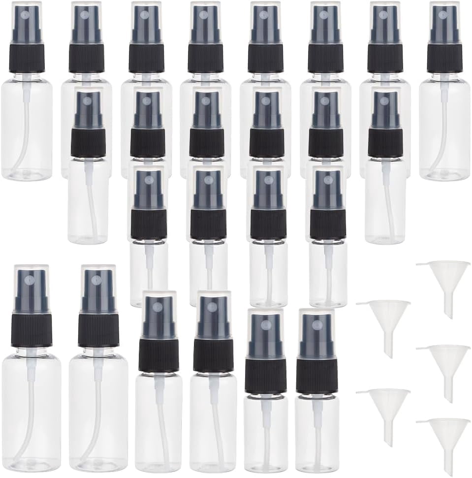 120Pcs Plastic Travel Spray Bottles 0.3oz/10ml 0.7oz/20ml 1oz/30ml Mixed Capacity Mini Travel Bottle Set with 6pcs Funnels Refillable Liquid Containers for Essential Oils Toners Carrying DIY