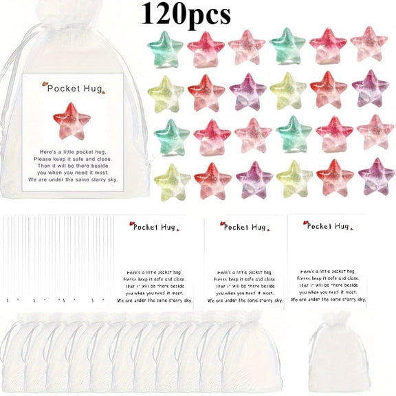 120Pcs Pocket Hug Cards Set with Gradient Resin Stars and Gift Bags, Pocket Hugs Bulk Inspirational Tokens, Star Themed Gifts for Friends Family Employee Appreciation Party Favors