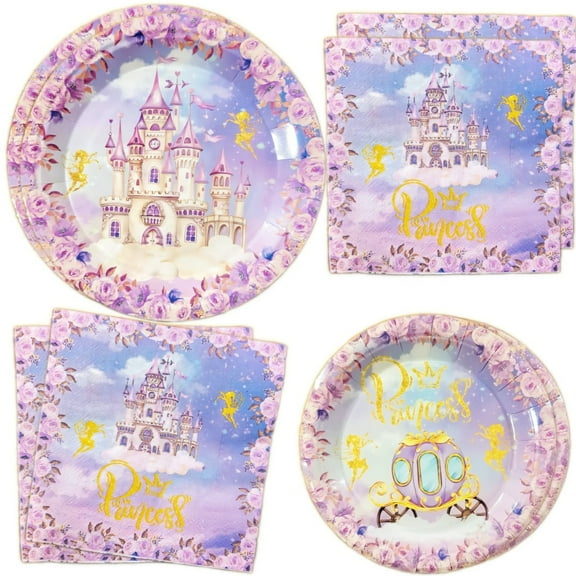 60Pcs Princess Birthday Party Decorations Fairytale Castle Themed Tableware Set Disposable Plates Napkins Forks Serves 20 Purple Floral Birthday Decorations