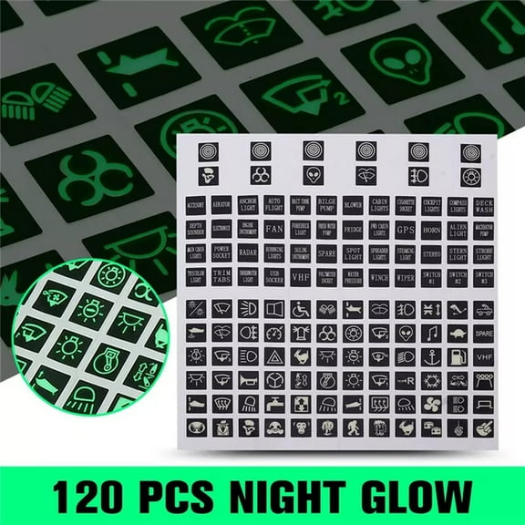120Pcs Rocker Switch Label Decal Sheet with Luminous Stickers, Plastic Circuit Panel Markers for Car, Marine Boat, and Truck Interior Controls, Easy to Apply Black Design