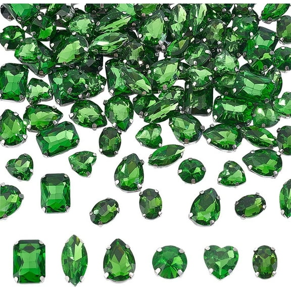 120Pcs Sew on Rhinestone Mixed Shapes Glass Rhinestones Sew on Glass Gems Metal Back Prong Setting Sewing Claw Rhinestone for Clothes Shoes Bag DIY Crafts Jewelry Making(Fern Green) DIY Fern Green