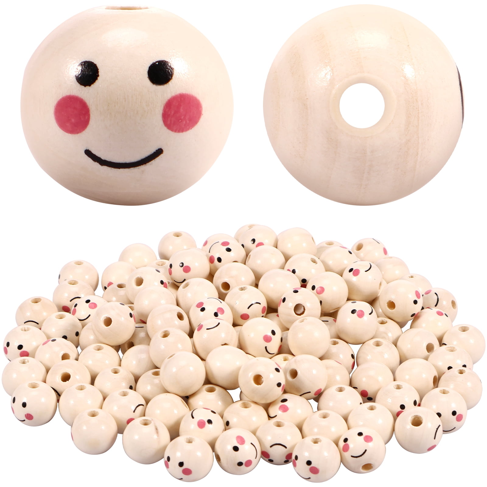 120Pcs Smile Face Wood Beads Large Hole Wooden Beads face Wooden Loose