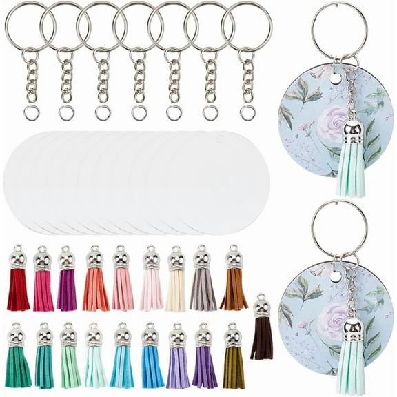 120Pcs Sublimation Acrylic Keychains Blanks 2 Inch Round Clear Key Chains with Tassel Pendant Keyrings Jump Rings Heat Transfer Keychain Making Kit for DIY Keychains Jewelry Making Supplies Colorful