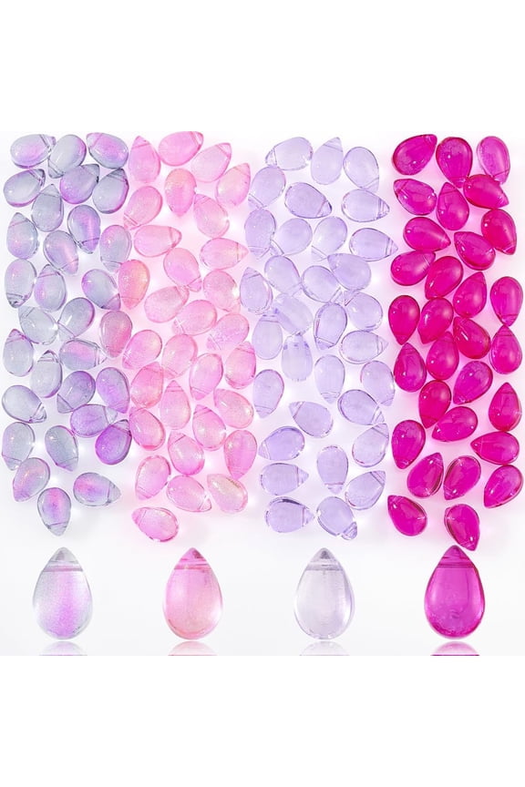 120Pcs Teardrop Czech Glass Beads 4 Colors Transparent Beads with Glitter Gold Powder Water Drop Loose Pendants Beads for Valentine's Day DIY Jewelry Making Pink&Purple