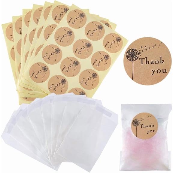 120Pcs Wedding Confetti Bags Kit 72x105mm Translucent Glassine Waxed Paper Bags with 120pcs Thank You Round Dot Kraft Paper Sealing Adhesive Gift Stickers for Wedding Cookie Bags for DIY