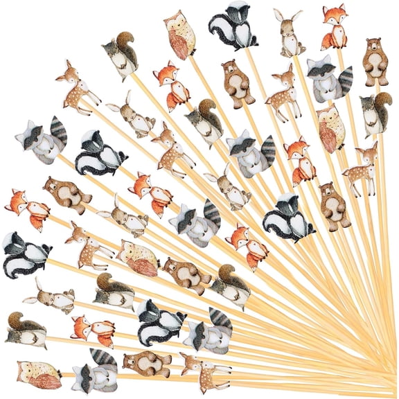 120Pcs Woodland Animals Cocktail Picks 8 Styles Cute Jungle Animals Handmade Bamboo Toothpicks Bear Fox Deer Garnish Sticks for Appetizers Fruit Sandwiches Drinks Skewers