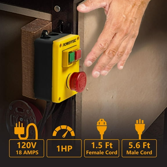 120V, 18A Magnetic Switch w/ 5.5 Ft Power Cord for Router Table, Mounting on Work Bench, Power Tool Safety Switch w/Emergency Stop Button for Table Saw, Drill Press 1 PK (71970)