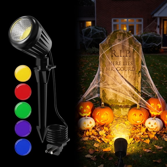 Yinghao 120V Black Shell Spotlight with RGB Lens for Halloween Decor, IP65 Waterproof Colorful Spot Light for Skeleton, Tombstone, Wreath, Plant, Tree