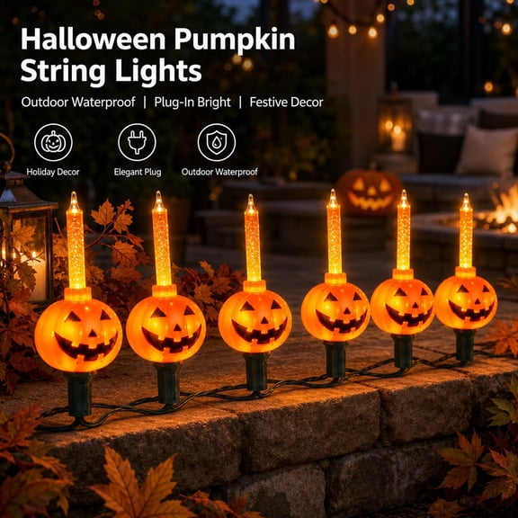 120V Halloween Pumpkin Light String, Outdoor Decorative Light, 11.81FT 6 Bulbs 23.6 Inch Spacing IP44 Waterproof, Plastic 4.2W