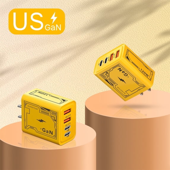 120W 2-in-1 GaN Wall Charger with 2 Type-C and 2 USB Ports for Fast Charging Multiple Devices like Phones and Laptops for Compact Spaces(Yellow)
