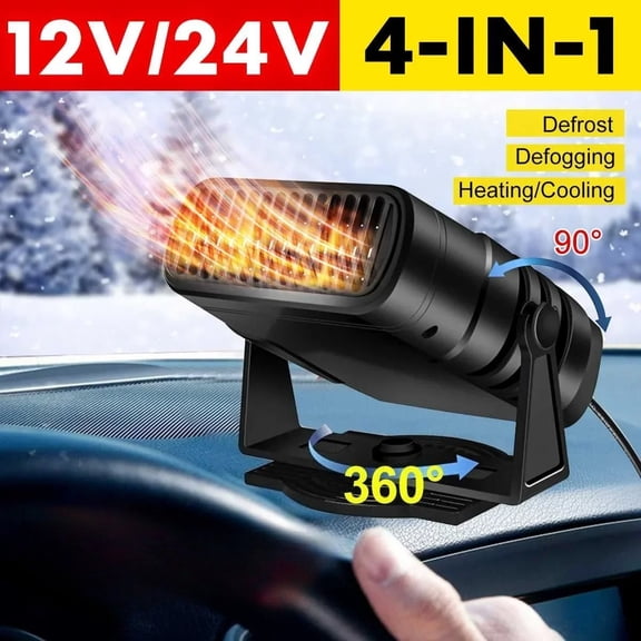 120W 4-in-1 Portable Car Heater & Cooler Fan - 12V/24V Electric Windshield Defroster, Defogger, and Dryer for Vehicles, Camping, Home
