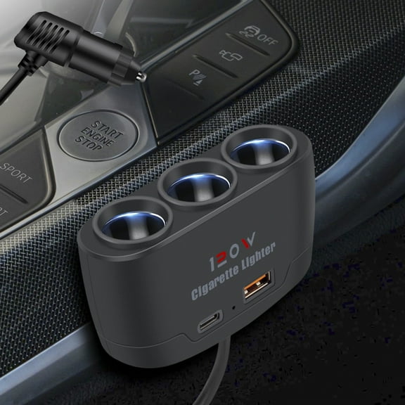 120W Car Cigarette Lighter Adapter, 12V/24V PD 3.1 Car Charger, 2ft Cable Splitter, USB PD Dual Port, Multi-Function Charger for All Car Devices Tablets Laptops Power Banks, Black, 3.7*2.2*1.2in