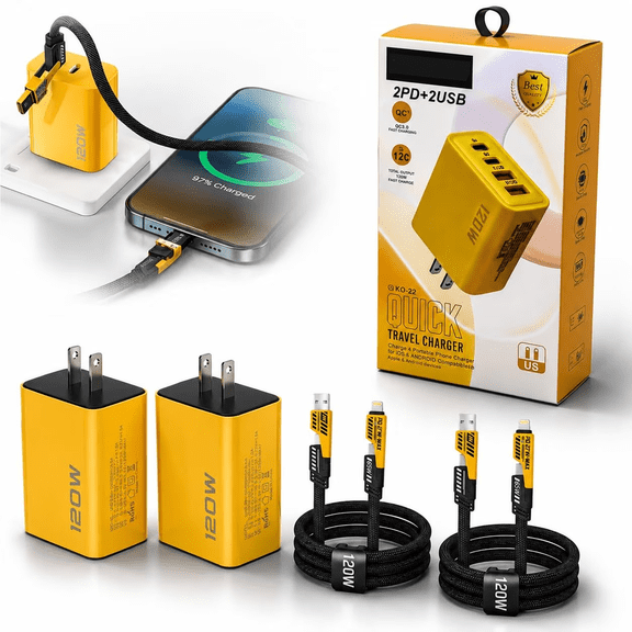 120W Dual USB & Dual Type-C Fast Charger, 4-Port Fast Wall Charger with Dual USB-C & Dual USB-A Ports, Mechanical Style Multi-Function Cable