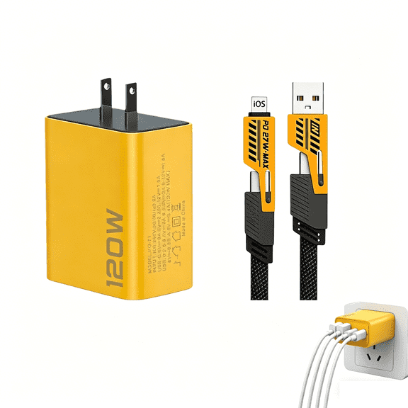 120W Dual USB & Dual Type-C Fast Charger, Mechanical Style Multi-Function Cable, Dual Ports Adapter for Gaming Office Travel, Mobile Phone Accessories
