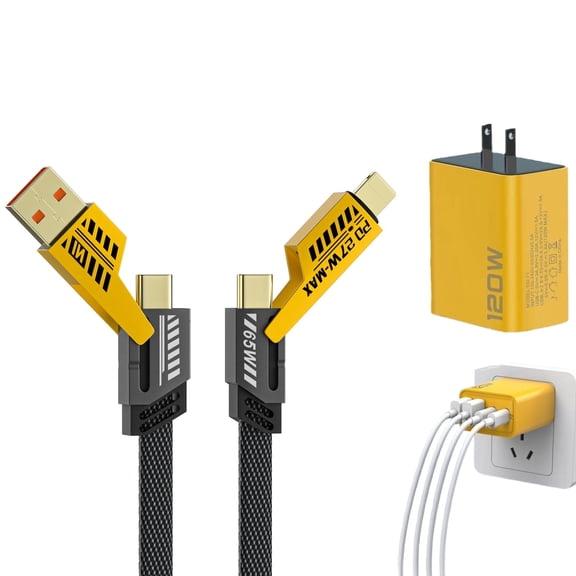 120W Dual USB & Dual Type-C Fast Charger with 5ft Tangle Free Cord,4 in 1 Portable Fast Charging Cable & Data Sync for Gaming Office Travel