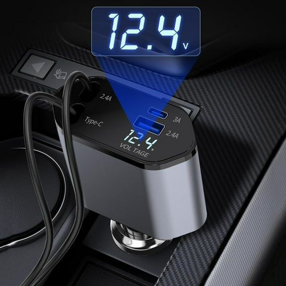 120W Fast Car Charger with Type C and iOS Ports, 4-Device Charging, 2 Retractable 31.5in Cables, Super Flash Charge, Universal 12V-24V Compatibility, 180掳 Adjustable, Black