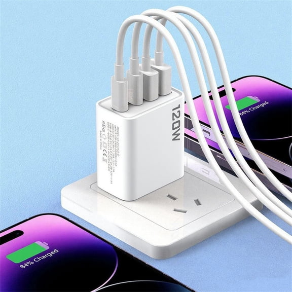 120W Fast Charging Wall Charger - US Plug 4-Port USB & Type-C Quick Charger for iPhone, Samsung & Android Devices