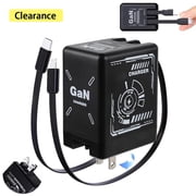 Elnone GaN Wall Charger, Fast Charging Retractable USB C Cable & Foldable Plug for iPhone Samsung, Black