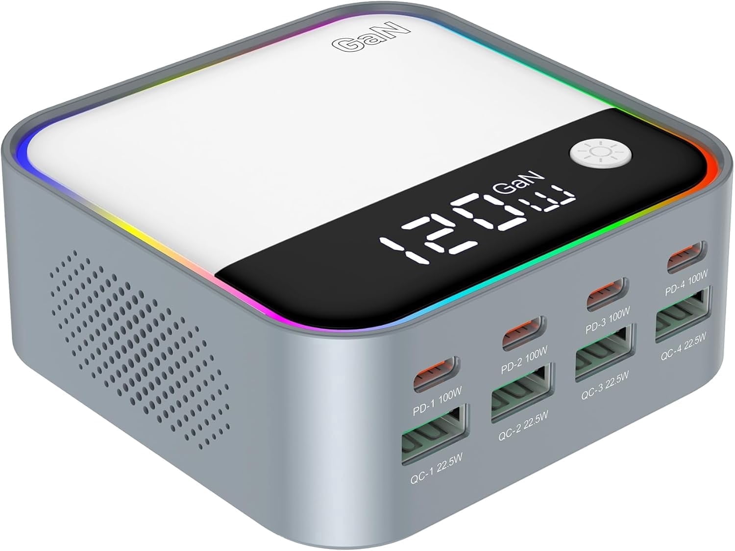120W GaN USB C Charger Block, 8-Port USB Charging Station, Fast Charging Hub with Rainbow Gradient Light & LED Display, Desktop Charger Adapter for Phone, Tablet, Laptop, Headphones