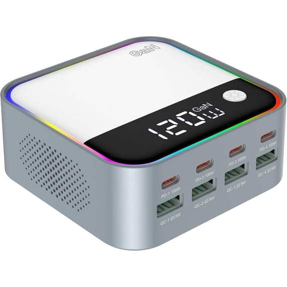 120W GaN USB C Charger Block, 8-Port USB Charging Station, Fast Charging Hub with Rainbow Gradient Light & LED Display, Desktop Charger Adapter for Phone, Tablet, Laptop, Headphones