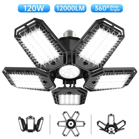 120W LED Garage Light, 12000LM 6500K Super Bright Garage Ceiling Light Fixtures, LED 5-Leaf Shop Light with Adjustable Multi-Position Panels, LED Glow Light for Garage Workshop Workbench Warehouse