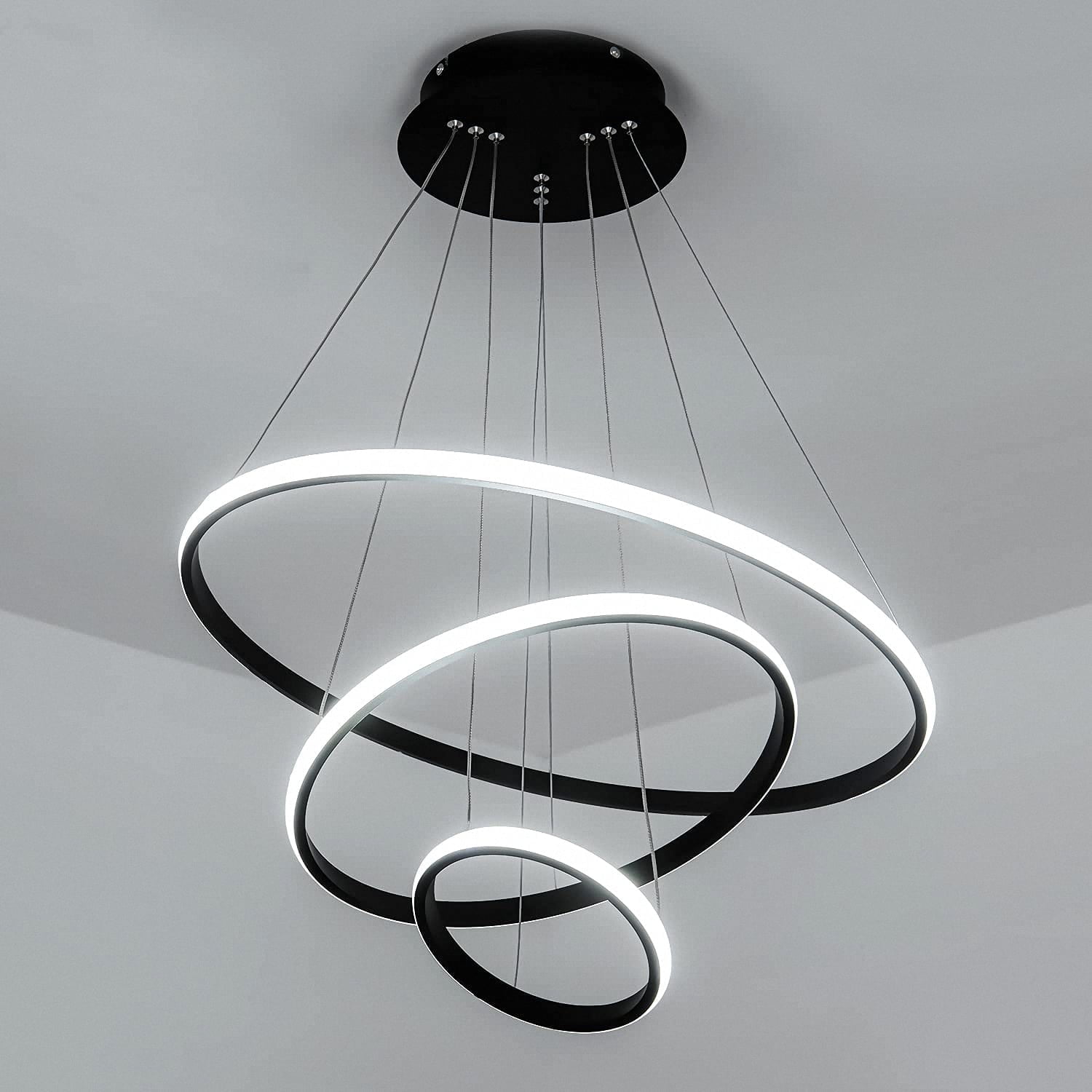 Contemporary LED Pendant Lamp - Black Circle Rings Ceiling Hanging Chandelier for Modern Loft Living, Dining Room, Kitchen - Indoor Lighting Fixture