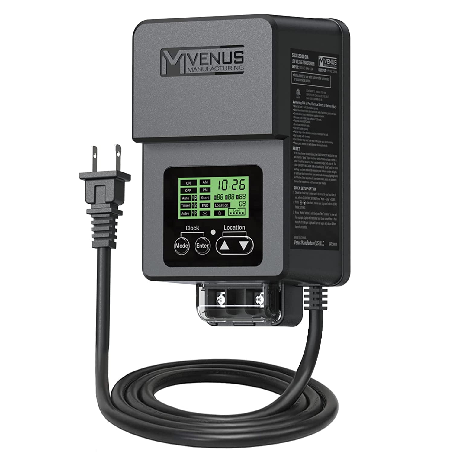120W Black Outdoor Low Voltage Transformer with Timer and Photo Sensor