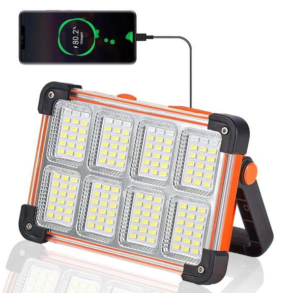 120W Solar Rechargeable Work Light, 144 LED 10000LM Portable Flood Light with Stand, IP66 Waterproof 4 Modes LED Job Site Lighting Flashlights for Mechanic Camping Fishing Car Repair