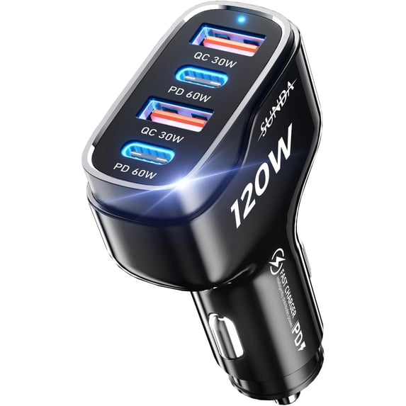 120W USB C Fast Car Charger, 4-Ports Car Charger Adapter, Dual Type C PD60W/PPS60W Compatible with iPhone15/14 Pro/Max/iPhone13/Galaxy/SamsungS23, Dual USB-A 18W QC3.0 for Android(Black)