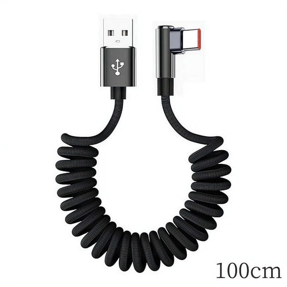 120W USB-C Retractable Fast Charging Cable, 90° Right Angle Spring Coiled Braided Cord for Phone Car