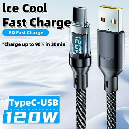 120W USB-C Fast Charge Cable 1M w/LED Display, Matte PD 6A - iPhone15/16/Samsung/Xiaomi/Poco