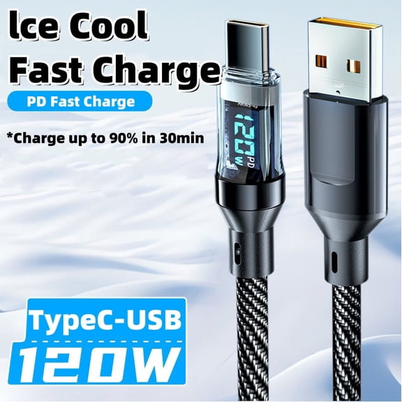 120W USB-C Fast Charge Cable 1M w/LED Display, Matte PD 6A - iPhone15/16/Samsung/Xiaomi/Poco