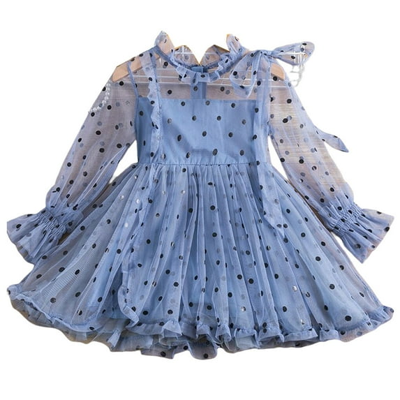 120cm Baby Girl Dress Summer Long Sleeve Mesh Toddler Clothes Birthday Party Hot Weather Travel Decorative Kids Children Dark Blue