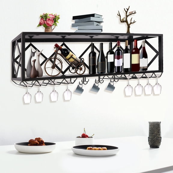 120cm Black Metal Wine Rack 2 Tier Wall Mounted Wine Rack, Wall Hanging Wine Holder Bar Home Storage Shelf